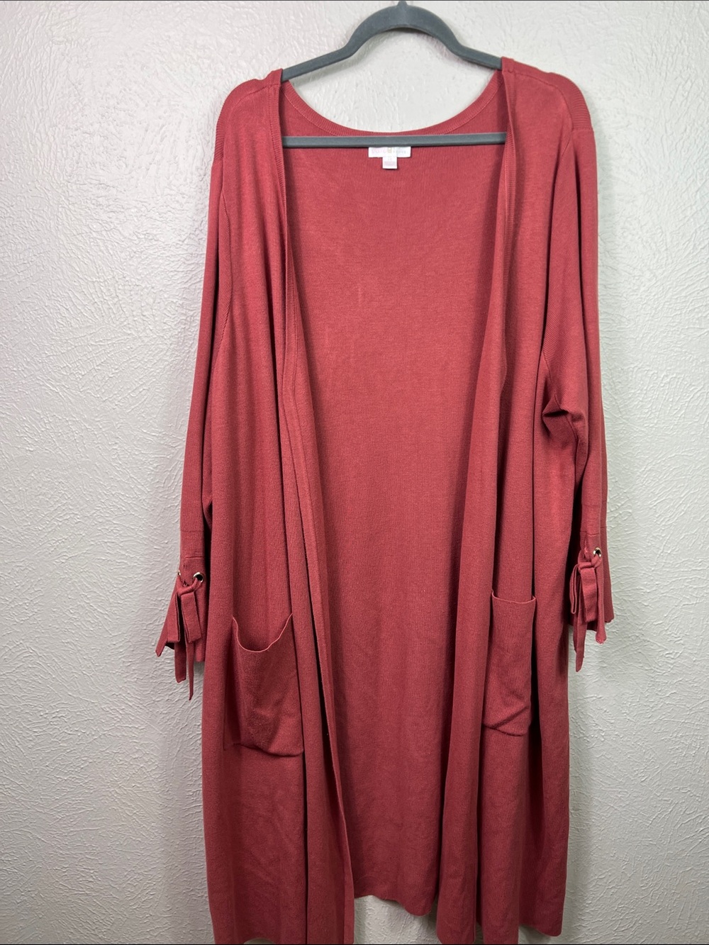 Belle Kim Gravel Mauve Open Front 3/4 Tie Sleeve Long Cardigan Sweater 2X